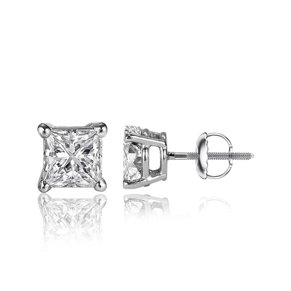 1 Carat Princess Diamond Solitaire Stud Earrings 14K White Gold
