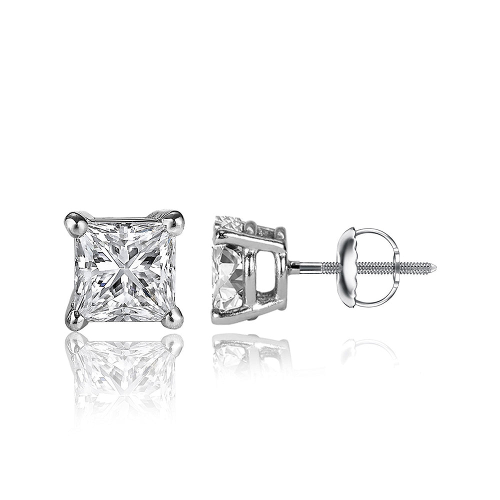 1 ½ Carat Princess Cut 14K White Gold 4 Prong Basket Set Diamond Solitaire Stud Earrings (Signature Quality)