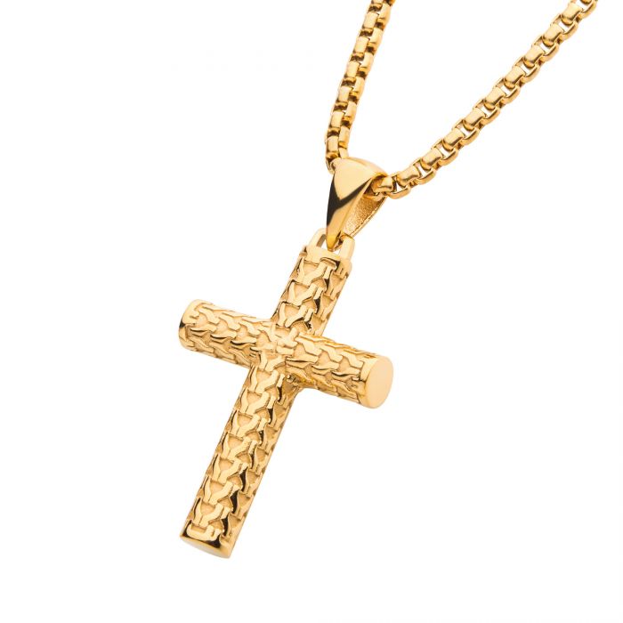 18K Gold Plated Stainless Steel Scale Cross Drop Pendant With Bold Box Chain SSP146651NKGP